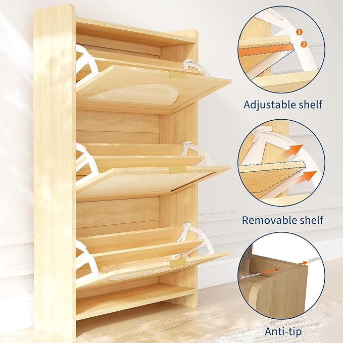 Rattan Shoe Cabinet with 3 Flip Drawers, Natural Wood Shoe Storage Cabinet - Image 4