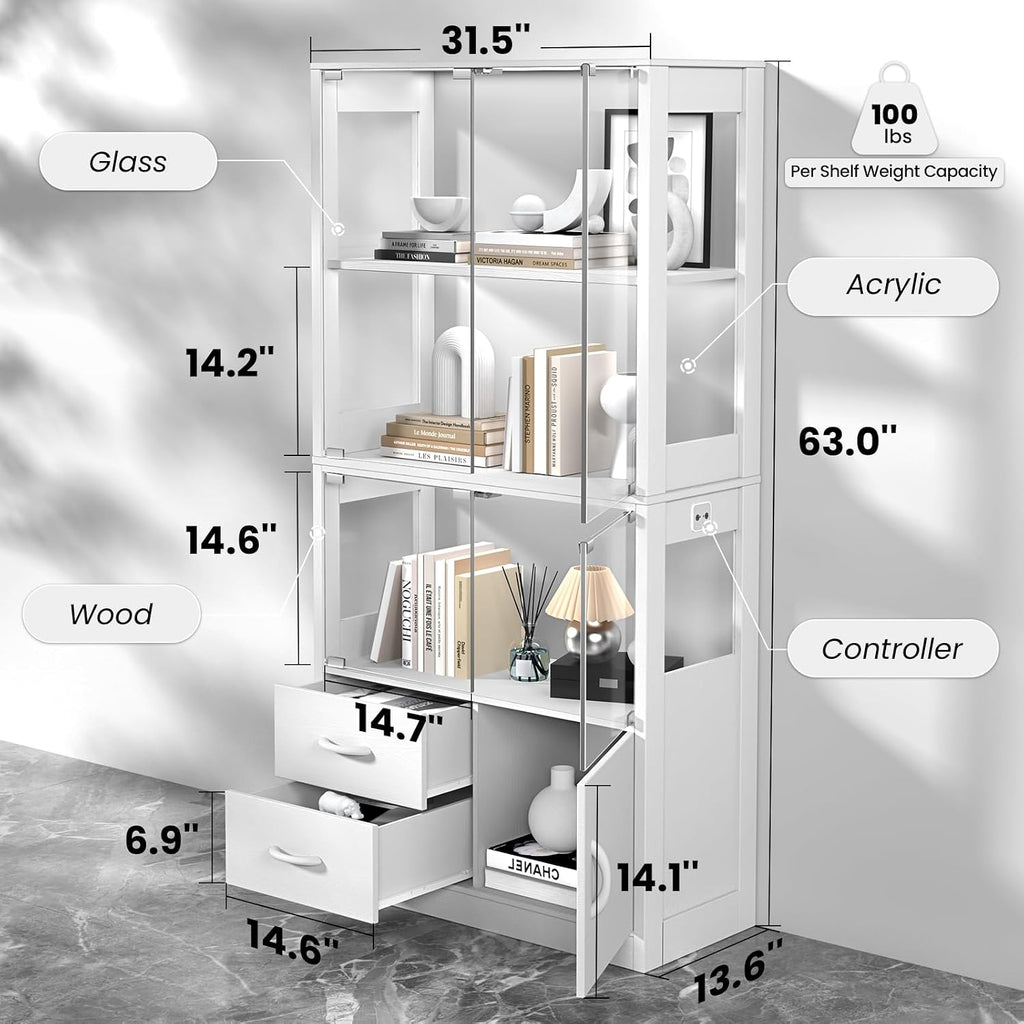 Display Cabinet with Glass Doors and 2 Drawers, 3-Color Lights, White