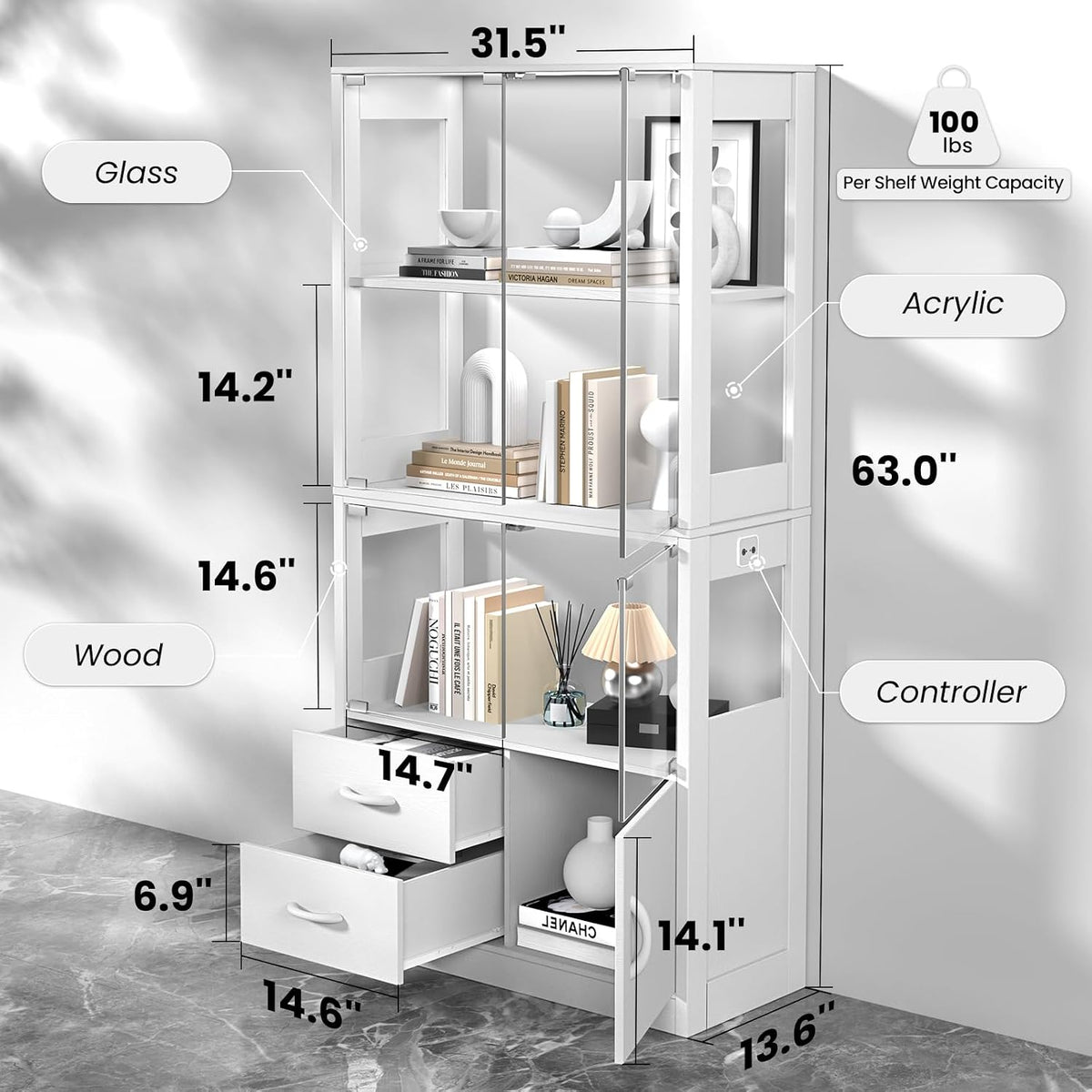Display Cabinet with Glass Doors and 2 Drawers, 3-Color Lights, White