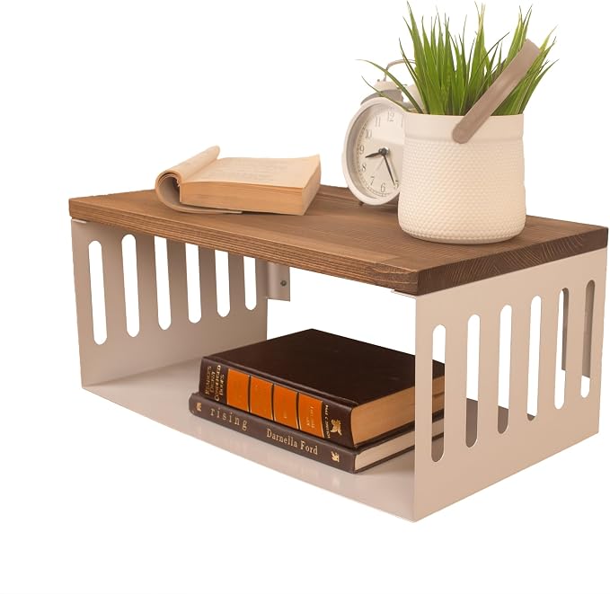 Floating Nightstand with White Metal Base, Wooden Top and Sturdy Metal Base by Woodches