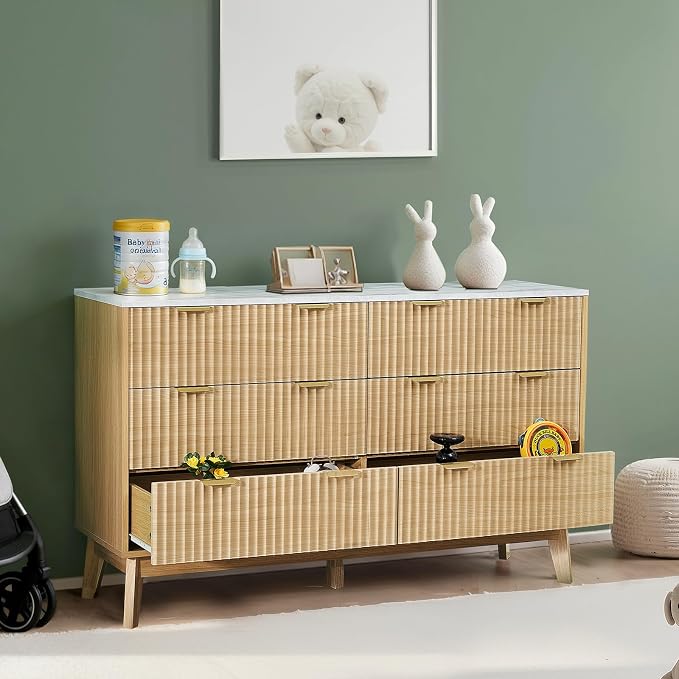 VEVOR Fluted 6 Drawer Dresser, Modern Dresser TV Stand, Wooden Closet Clothes - Image 3