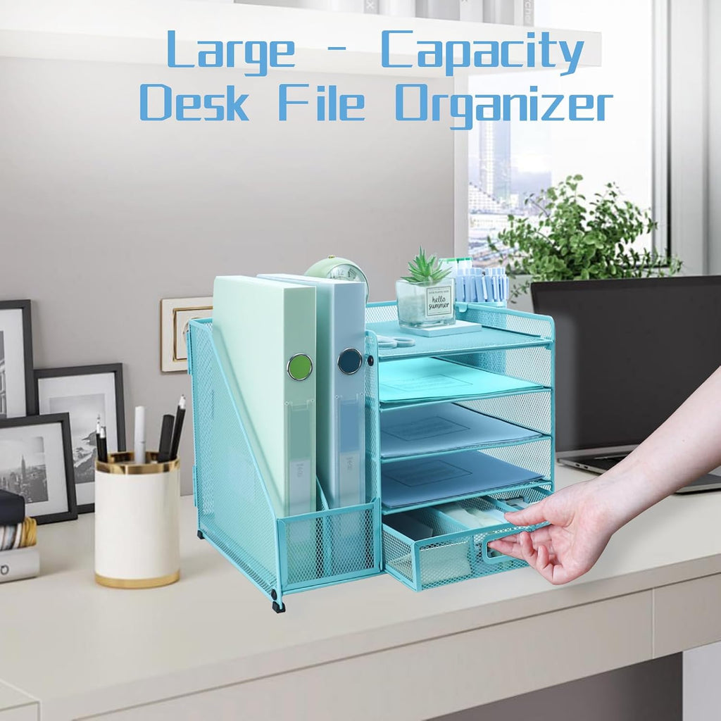 Desk Organiser with 2 Pack Magazine File Holder, 5-Tier Paper Tray