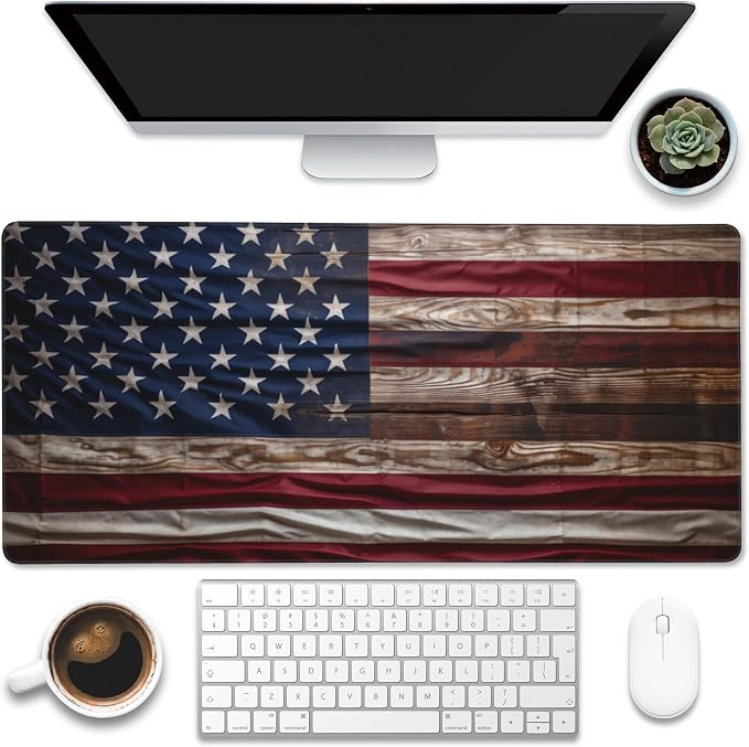 Large Gaming Mouse Pad for Desk, Wooden American Flag Desk Mat, Wooden USA Flag by Eflxamz