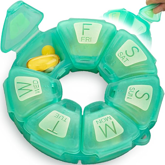 Round Weekly Pill Organizer, TPU Rubberized, Travel Pill Container 7 Day by YAKLIMPILLORGANIZER
