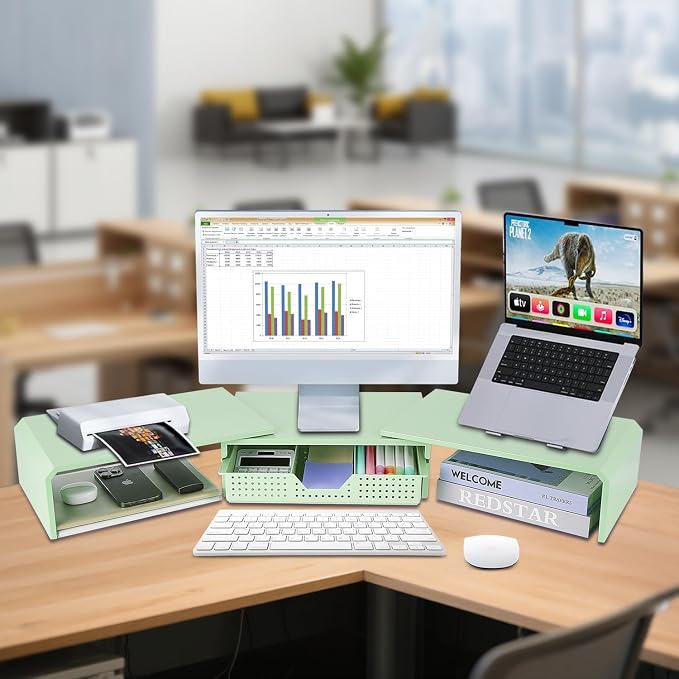 Dual Monitor Stand Riser with Drawer, Desk Organizer and Accessories, Metal - Image 2