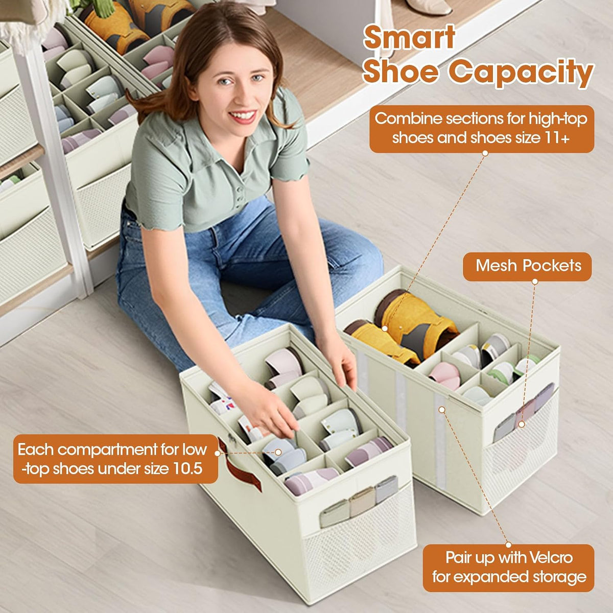 Shoe Organizer for Closet, 2-Pack Foldable Shoe Storage Box with