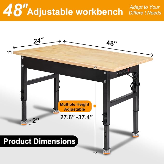 48" Adjustable Work Bench, Rubber Wood Top Workbench Heavy-Duty Work Table - Image 7