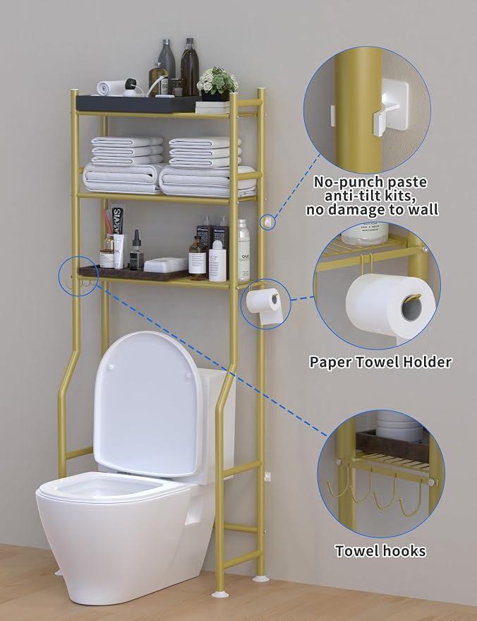 3-Tier Over The Toilet Storage, Freestanding Metal Bathroom Shelves - Image 4