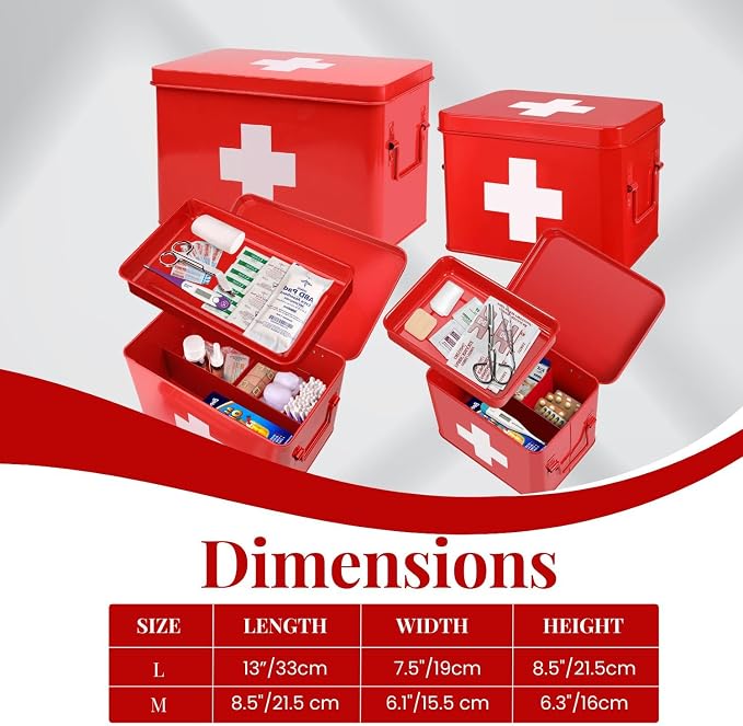 Flexzion First Aid Box Organizer, Empty 8.5 Inch Red Vintage First Aid Kit Tin - Image 7