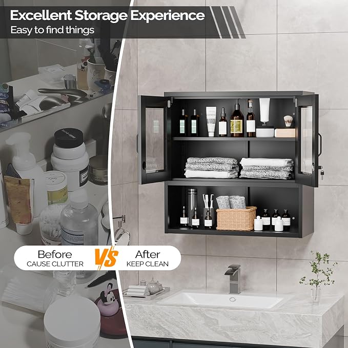 VINGLI Metal Wall Cabinet with Locking Glass Doors & Magnetic LED Sensor Light - Image 9