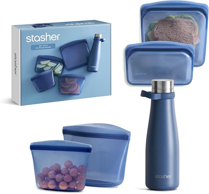 Stasher On-The-Go Boxed Starter Kit 5-Pack, Premium Silicone Reuseable Food by Stasher