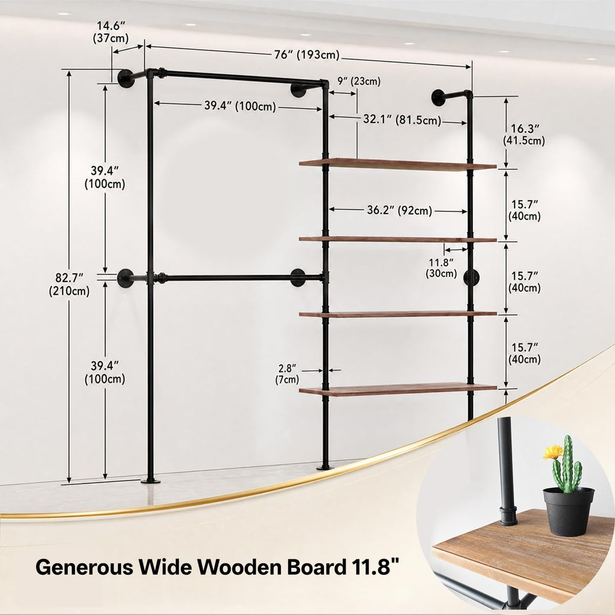 Wall Mounted Clothing Rack, Heavy Duty Pipe Closet, Pine Shelves
