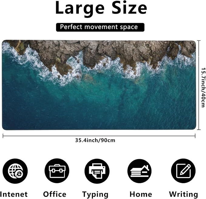 Desk Mat, Sea Waves and Fantastic Coast Gaming Mouse Pad, XXL Extended Mouse - Image 3