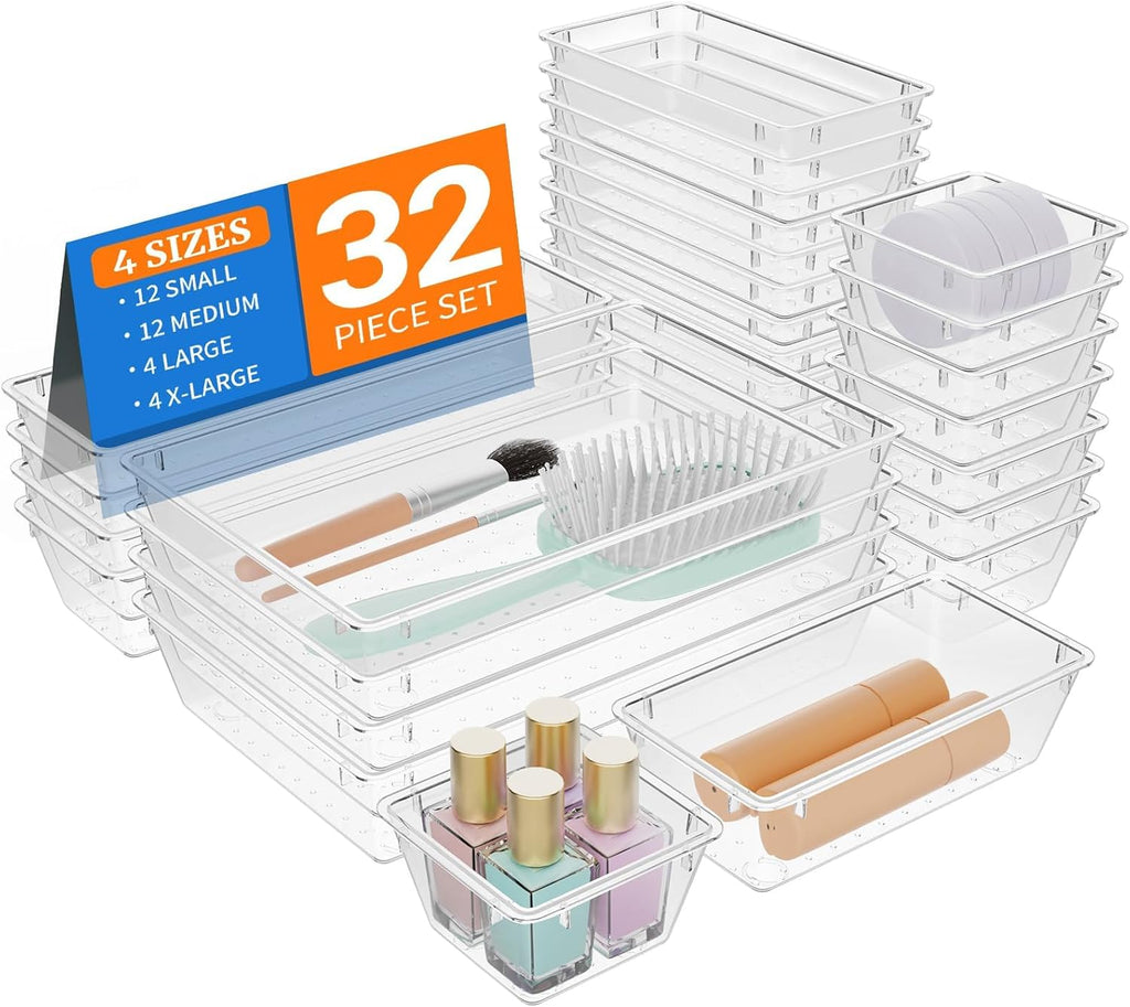 32 PCS Drawer Organizer Set, Vanity Organizer Trays and Storage Bins