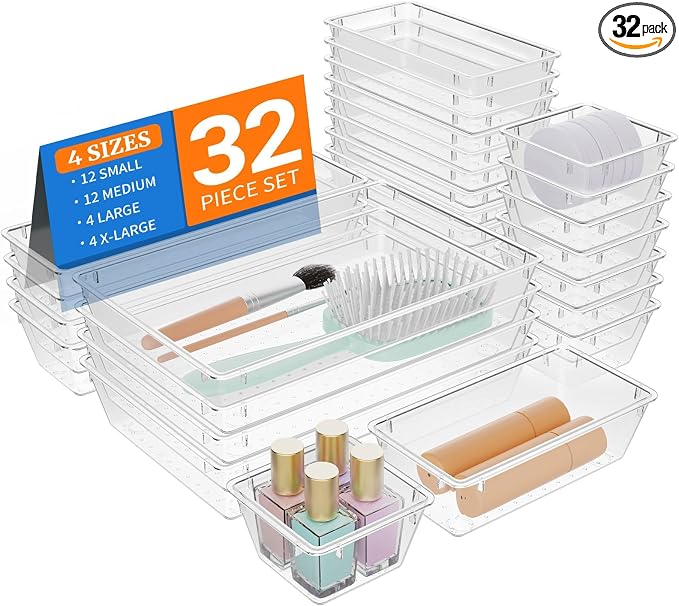 32 PCS Clear Plastic Drawer Organizer Set, 4-Size vanity organizer Trays and by StorMiracle