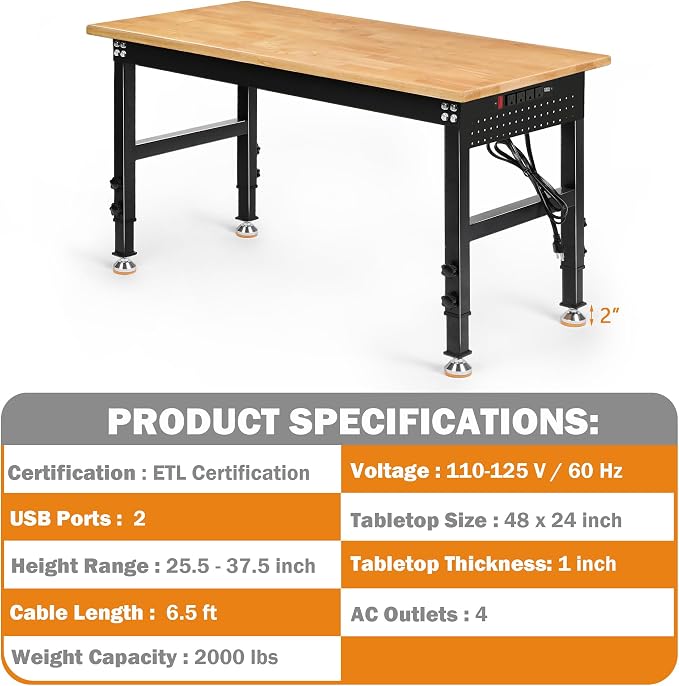 Betterhood Adjustable Height Workbench, 2000 LBS Load Capacity Hardwood - Image 6