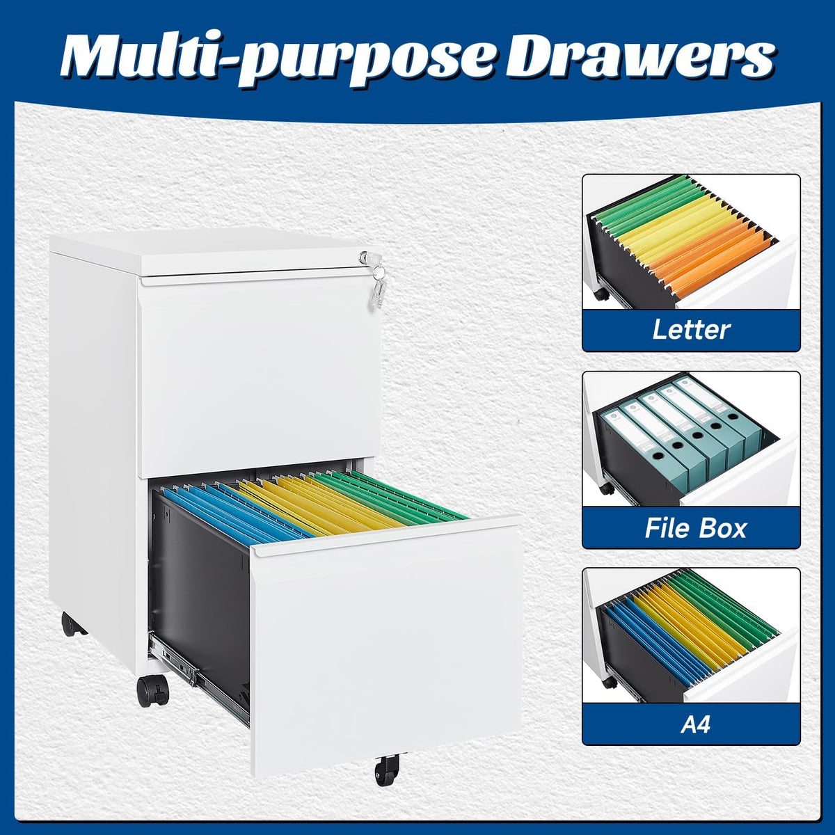 2 Drawers Vertical File Cabinet - Fully Assembled White Under Desk