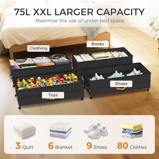 Under Bed Storage with Wheels 2-Pack, 75L XXL Under the Bed Storage Containers - Image 3