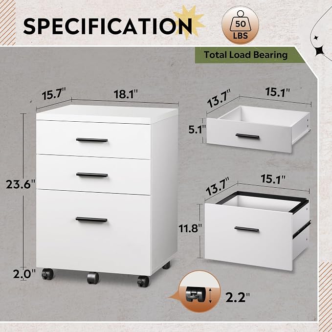 DEVAISE 3 Drawer File Cabinet for Home Office, Wood Under Desk Filing Cabinet - Image 3