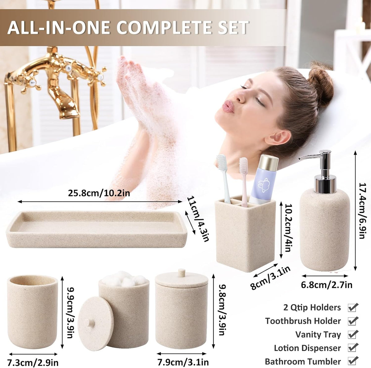 Resin Beige Bathroom Set, 6 Pcs Bath Decor and Accessories Sets