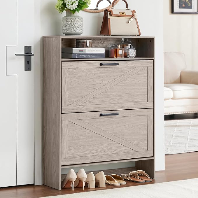Shoe Storage Cabinet with 2 Flip Drawers, Farmhouse Narrow Shoe Organizer with - Image 8