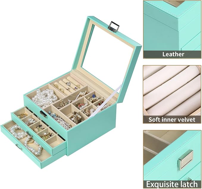 BOOVO Clear Lid Jewelry Box, 3 Layers Jewelry Organizer Large Multi-Functional - Image 2