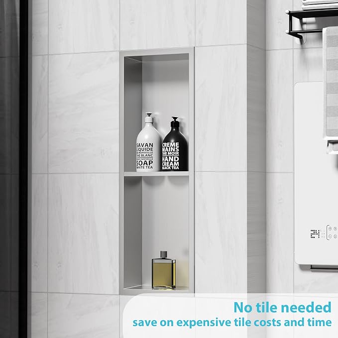 Stainless Steel Shower Niche 24" X 8", No Tile Needed Wall Niche Double Shelves - Image 8
