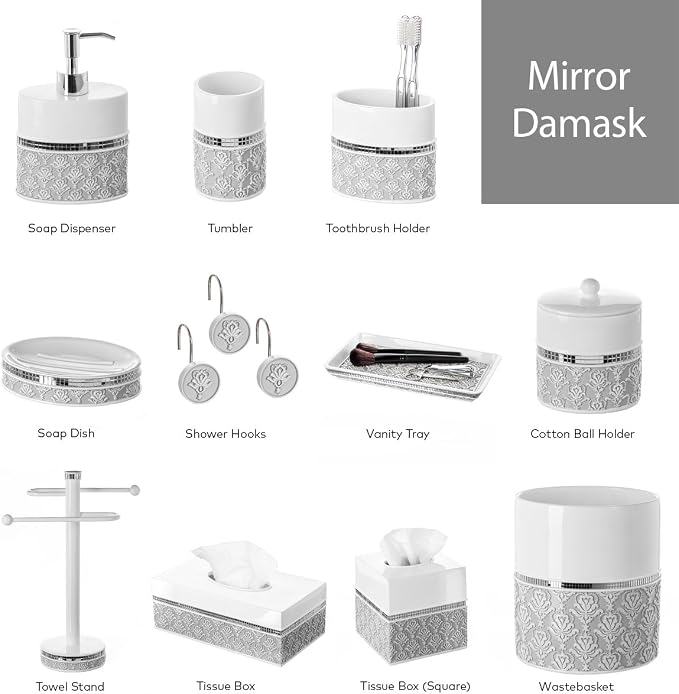 Creative Scents Mirror Damask White and Gray Bathroom Accessories Set - Image 7