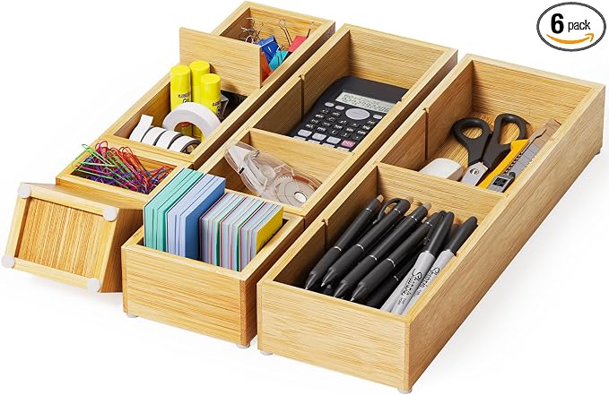 Desk Drawer Organizer Tray Set of 6 – Bamboo Office Storage Boxes by VA1KENE