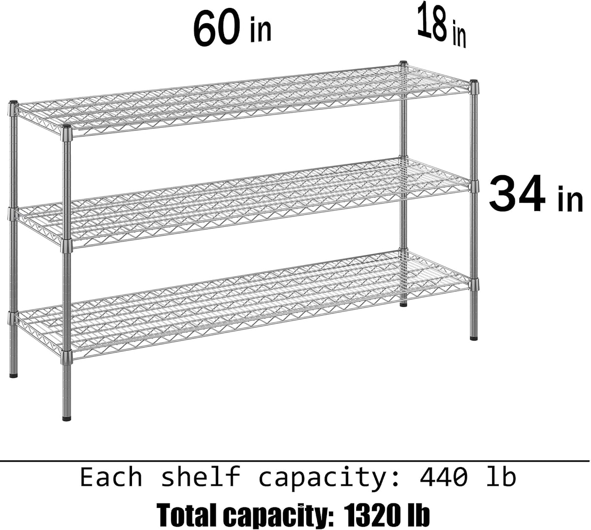 18" Deep x 60" Wide x 34" Height Wire Shelving Kit | 3-Tier | NSF