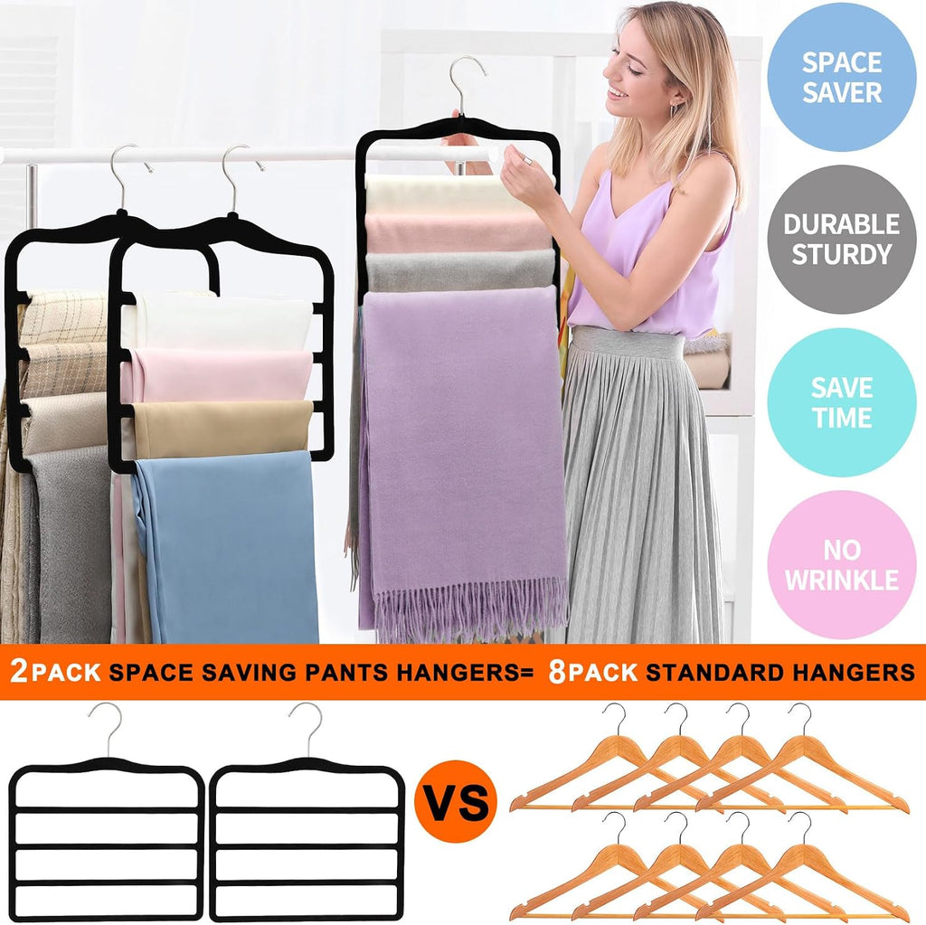 2-Pack Velvet Pants Hangers - Space Saving Multi-Layer Non-Slip Closet
