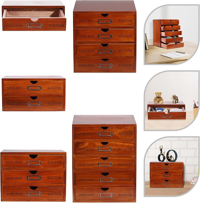 5Pcs Storagee Drawers, Retro Desktop Organize, Wooden Desktop Organizer - Image 7