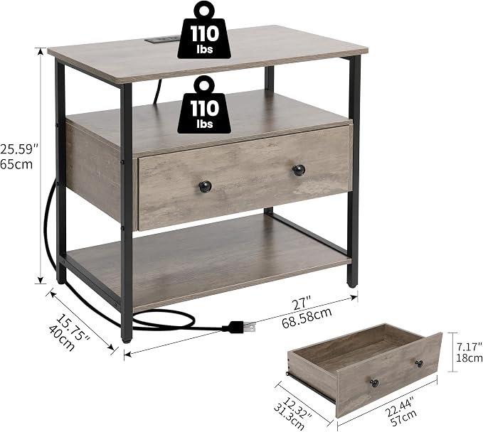 27 Inch Wide Night Stand with Charging Station, Wood Nightstand with Open Shelf - Image 3