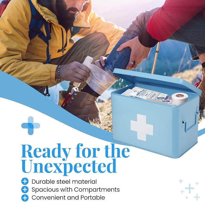 Flexzion First Aid Box Organizer Empty 13" Blue Vintage First Aid Kit Tin Metal - Image 4