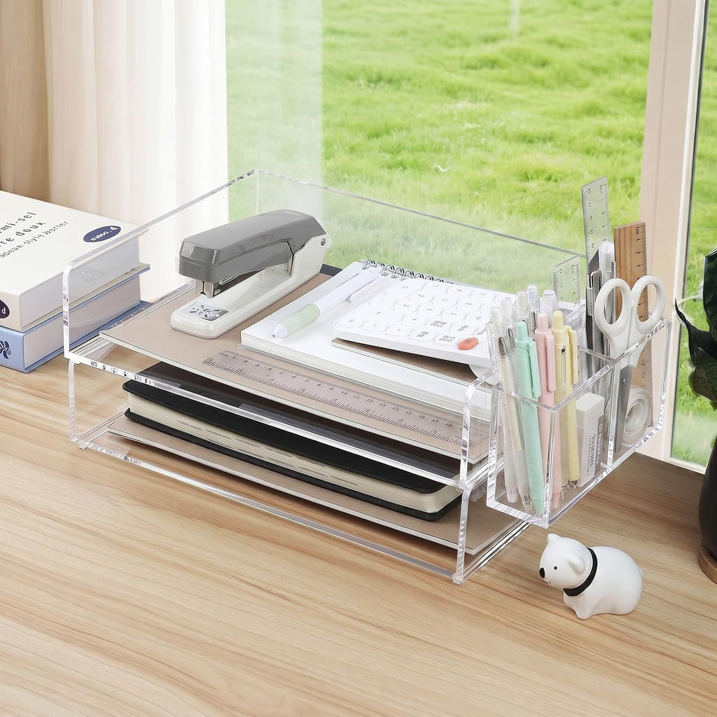 Acrylic Paper Tray Organizer for Desk, 2 Pack Clear with Pen Holder