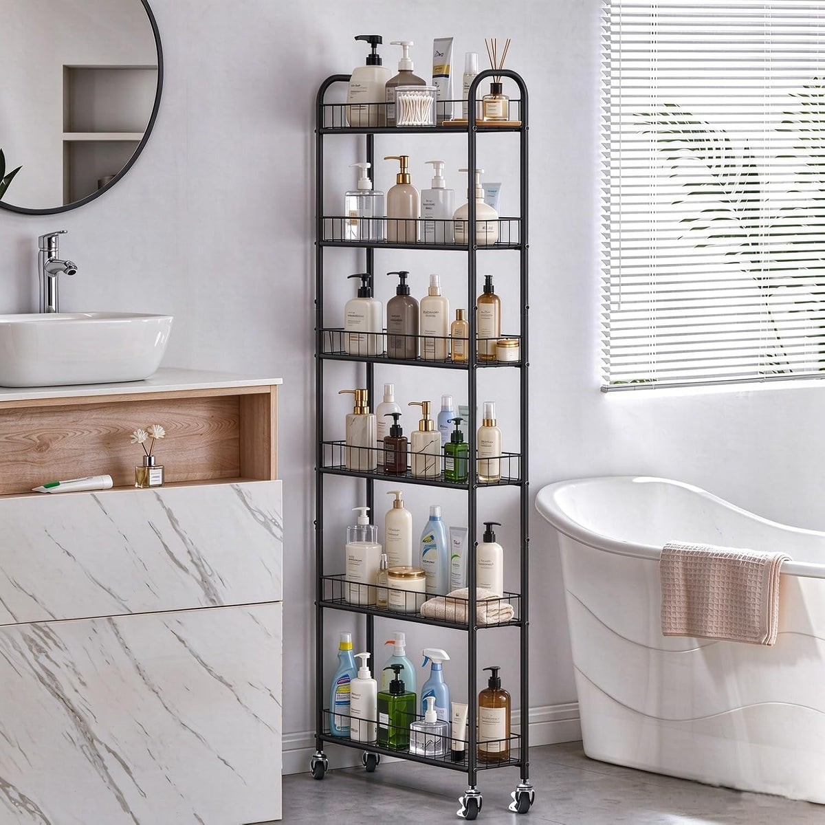 6in 6 Tier Slim Rolling Storage Cart,Mobile Shelving Unit with Wheels