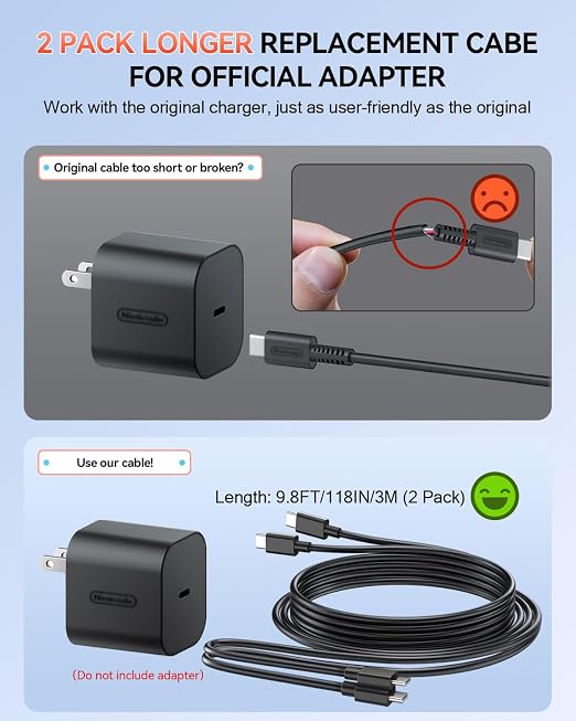 2 Pack Switch 2 Charging Cable, Extra Long Power Cord - Image 2