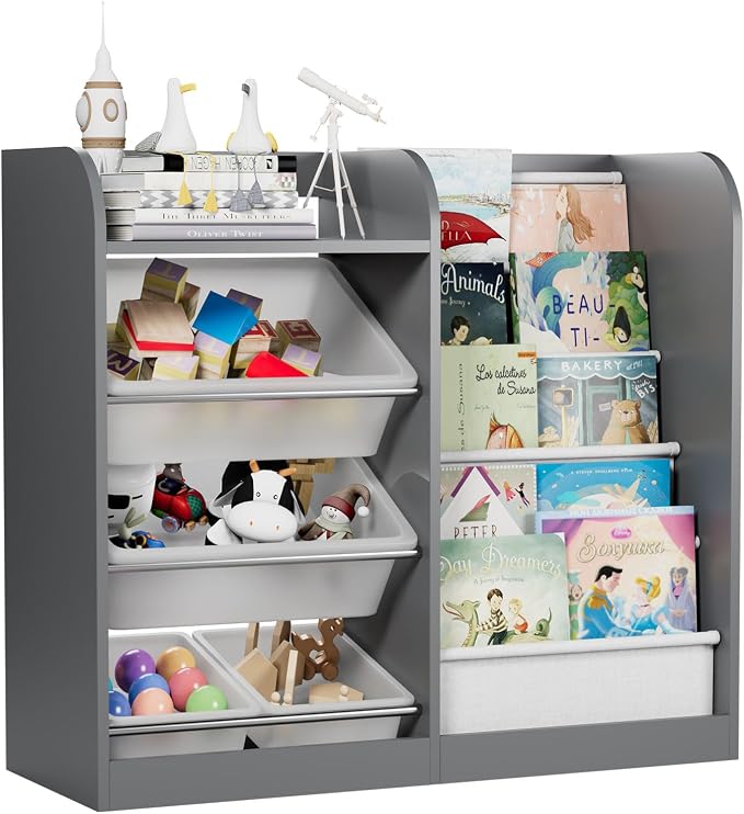 Grey Kids Wood Bookshelf Toy Storage Box Organizer Shelf W/4 Removable Plastic by HedoAjim