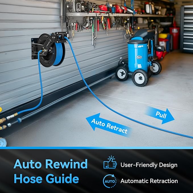 Retractable Air Hose Reel Dual Arms, 50 ft x 3/8 in Hybrid Air Hose Max 300PSI - Image 6