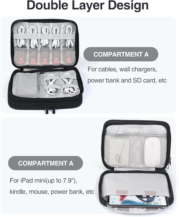 Luxtude Double Layer Cord Organizer Bag, Portable Cable Storage Case, Flat - Image 4