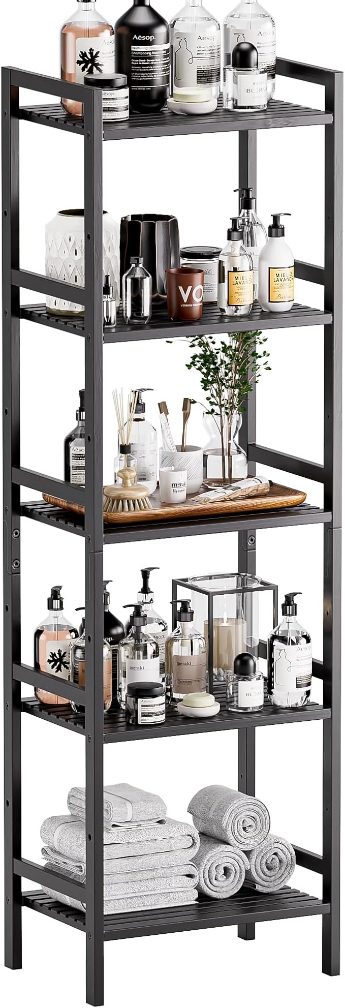HITNET 5 Tier Narrow Bookshelf, Bamboo Bookcase, Slim Tall Storage Rack Free by HITNET