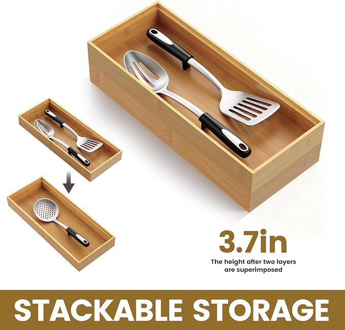 Bamboo Drawer Organizer, Stackable Utensil Trays - Image 2