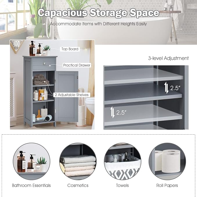 HAPPYGRILL Bathroom Floor Cabinet, Single Door Floor Storage Cabinet Organizer - Image 6