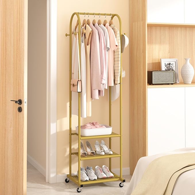 Heavy Duty Clothing Rack with Wheels, Modern Garment Rack with 3 Metal Shelves - Image 5