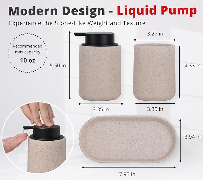 Beige Bathroom Accessories Set, Sandstone Look Soap Dispenser - Image 3