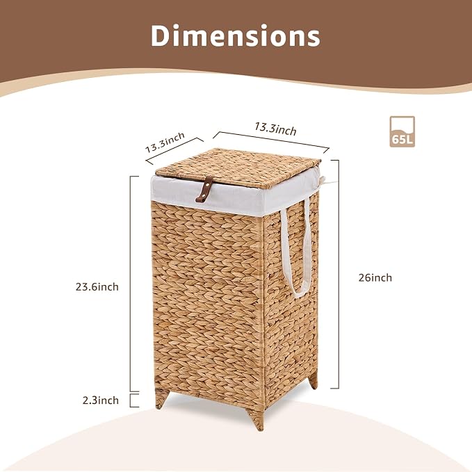 Laundry Hamper with Lid and Removable Liner Bag, Handwoven Natural Hyacinth - Image 2