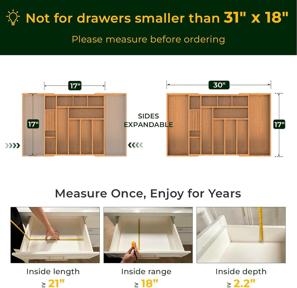 keechee Carbonized Large Bamboo Kitchen Drawer Organizer, 12 Slots