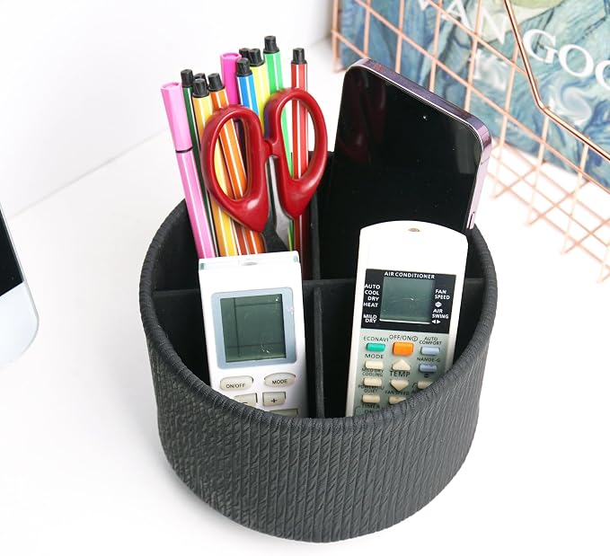 Round Leather Art Supply Organizer, Remote Control Holder, 360 Degree Spinning - Image 6