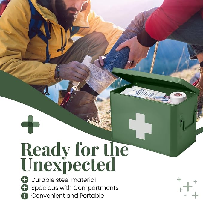 Flexzion First Aid Box Organizer Empty 13" Green Vintage First Aid Kit Tin - Image 4