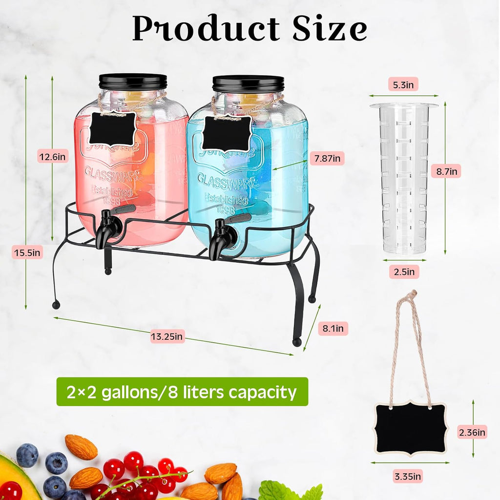 Lallisa 2 Pcs 2 Gallon Glass Drink Dispenser with Stand Ice Cylinder